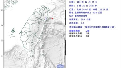 Photo of 台湾东部海域4.0级地震 最大震度2级