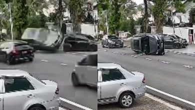 Photo of 猛撞路边车 整辆车失控翻覆