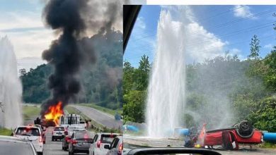 Photo of 司机惊险逃生! 四轮驱动车撞爆水管 再烧成火球