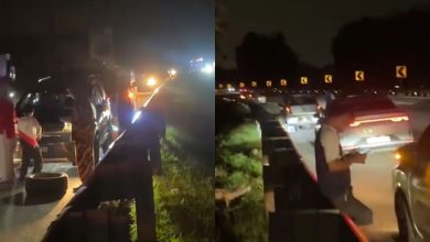 Photo of 南北大道新那旺路段惊传爆胎潮 轿车巴士排长龙深夜换胎