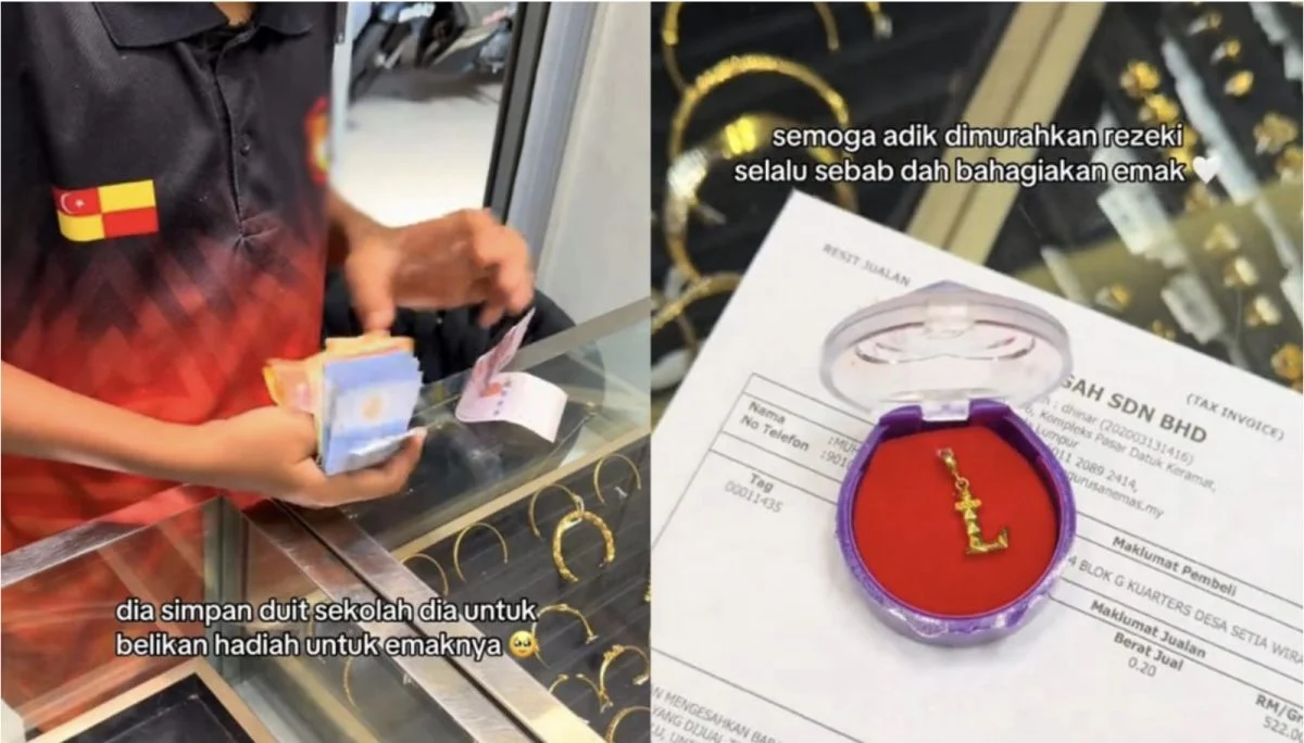 为报答母亲养育之恩,少年将平时积攒的零用钱用来买黄金首饰送给母亲。(视频截图)
