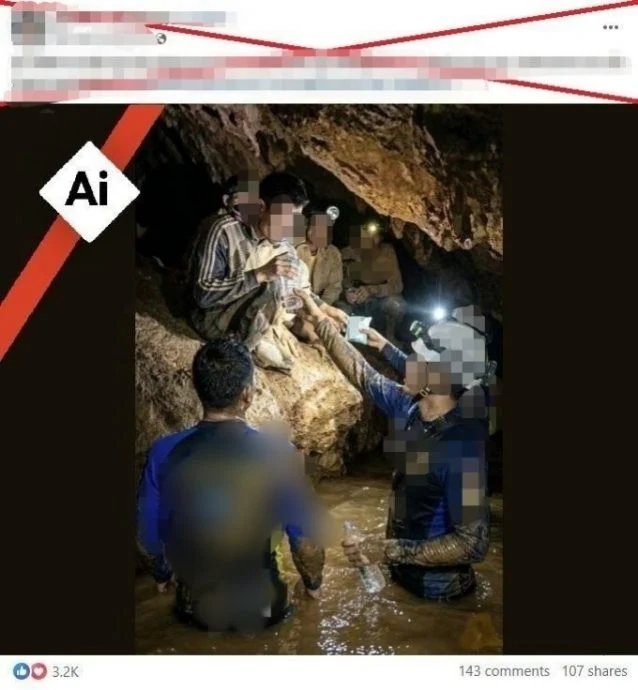 网络流传一张营救受困男子的相关照片，实为人工智能生成。 （图取自法新社事实查核网站）