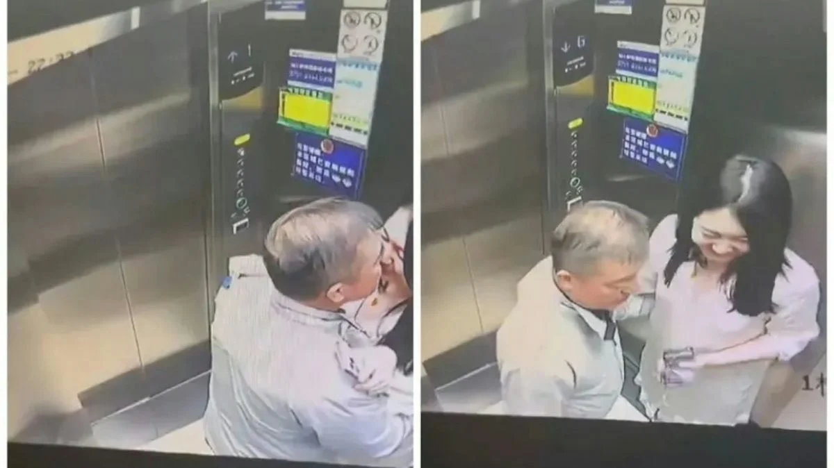 其中一段疑似电梯监控画面,女子与陈涛拉手、亲吻的亲密举动,引发网民关注。(影片截图)