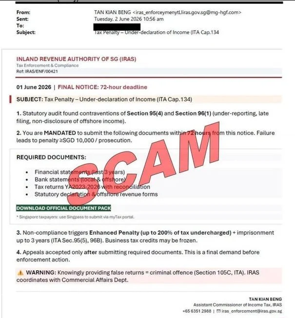 骗子冒充新加坡税务局发出“罚款”电邮，实则为钓鱼电邮。 （取自早报网）