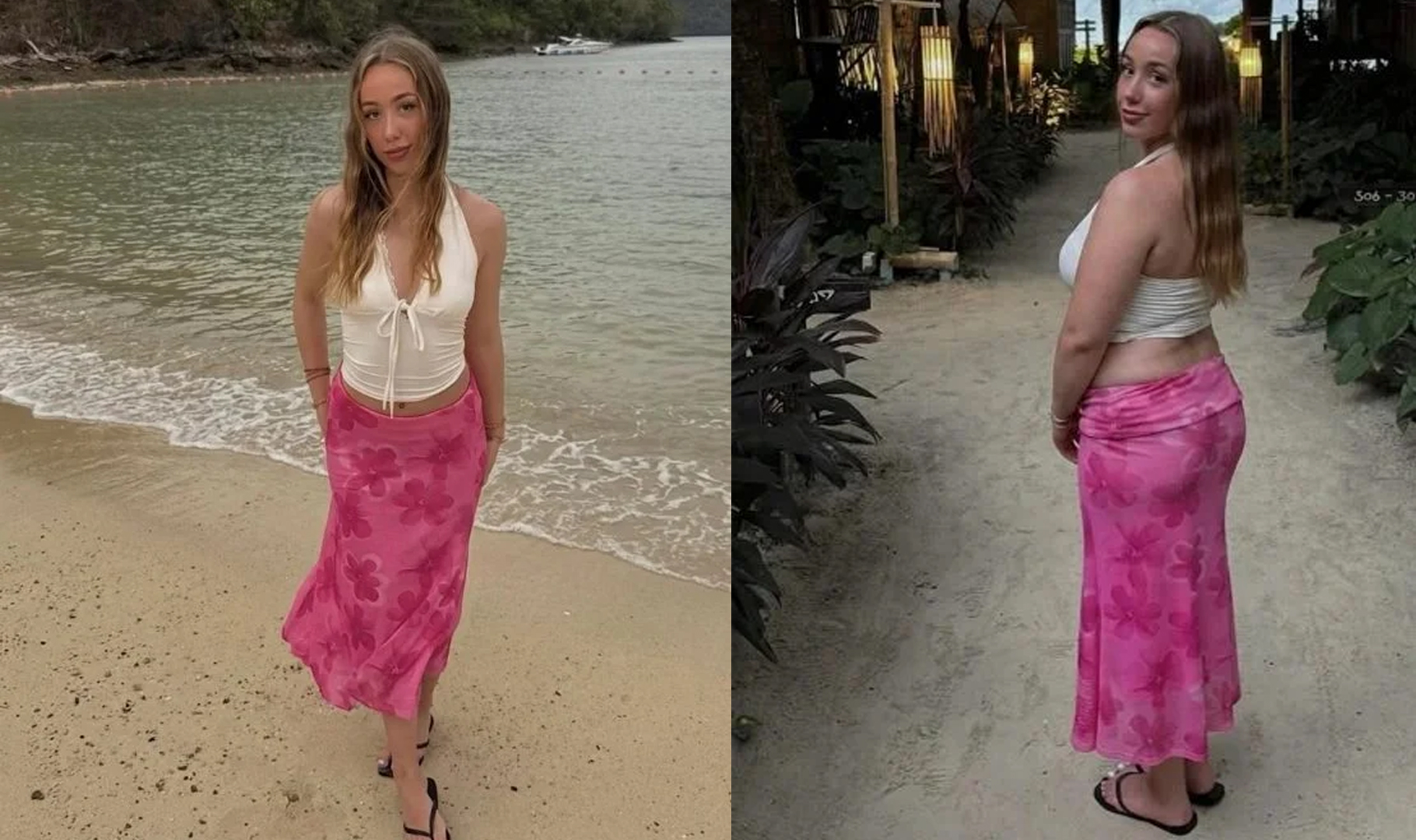 女游客分享她到泰国旅游21天前后的身材对比照片,很明显21天后的身材仿佛怀孕般胖了一圈。(取自Reddit)