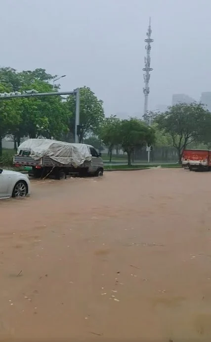深圳市光明区部份马路已变成“河道”。(照片取自小红书)