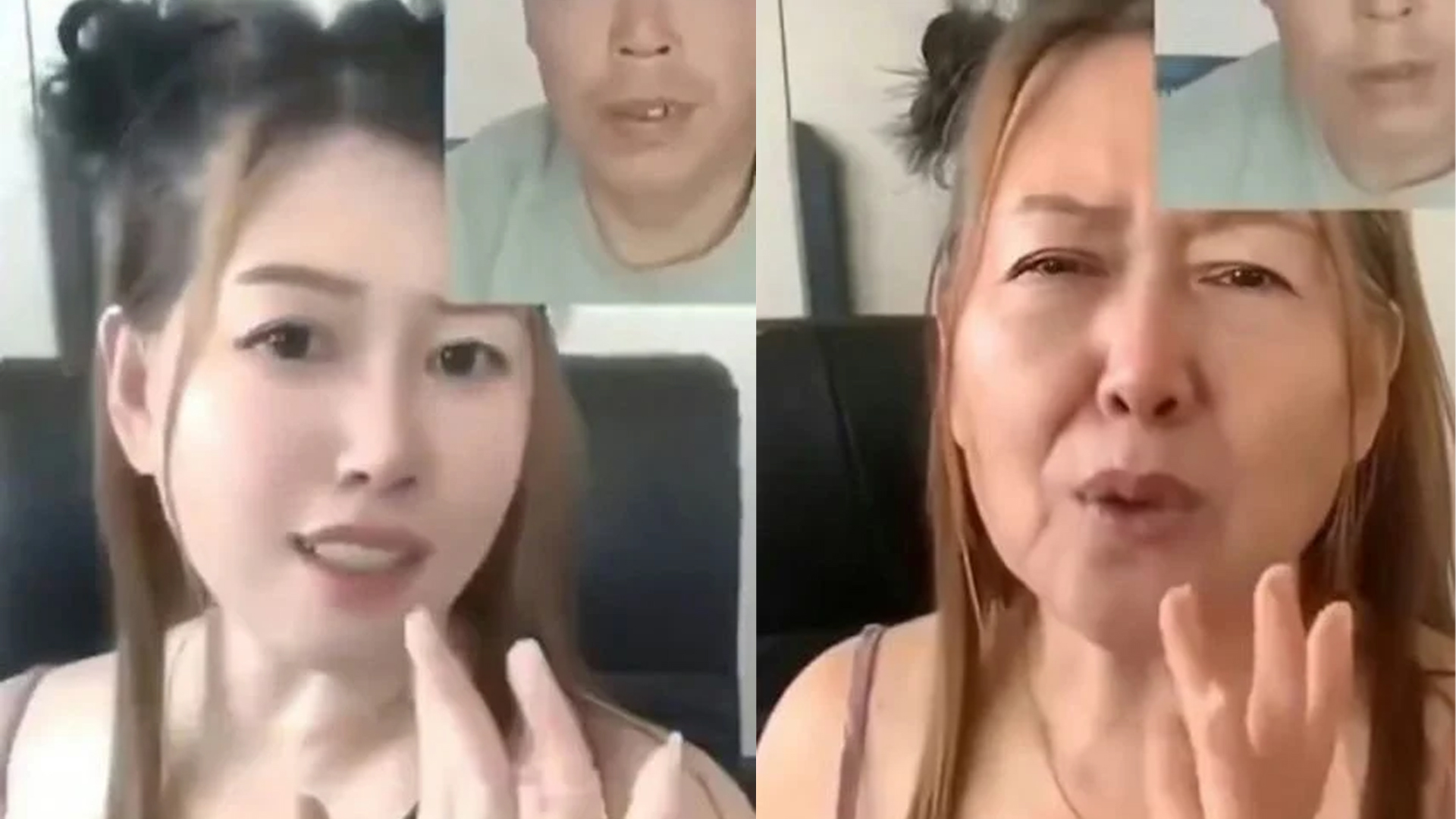 长相甜美的年轻女直播主,对著镜头与男粉丝互动,没想到才刚道谢,美颜滤镜就突然失效,女直播主瞬间被打回原形,一秒直变大妈。(视频截图)