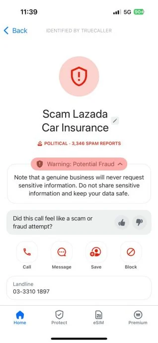 辜健鈫通过Truecaller检索诈骗电话时,发现原来该电话也曾盗用Lazada的名义进行诈骗。(图由辜健鈫提供)