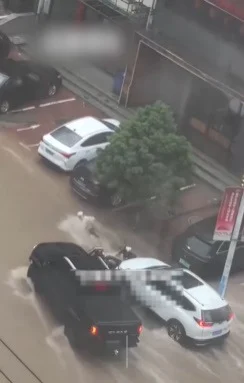 一黑一白两辆车并排挡在水流中，成功减缓冲势，为救援争取宝贵时间。（脸书视频截图）