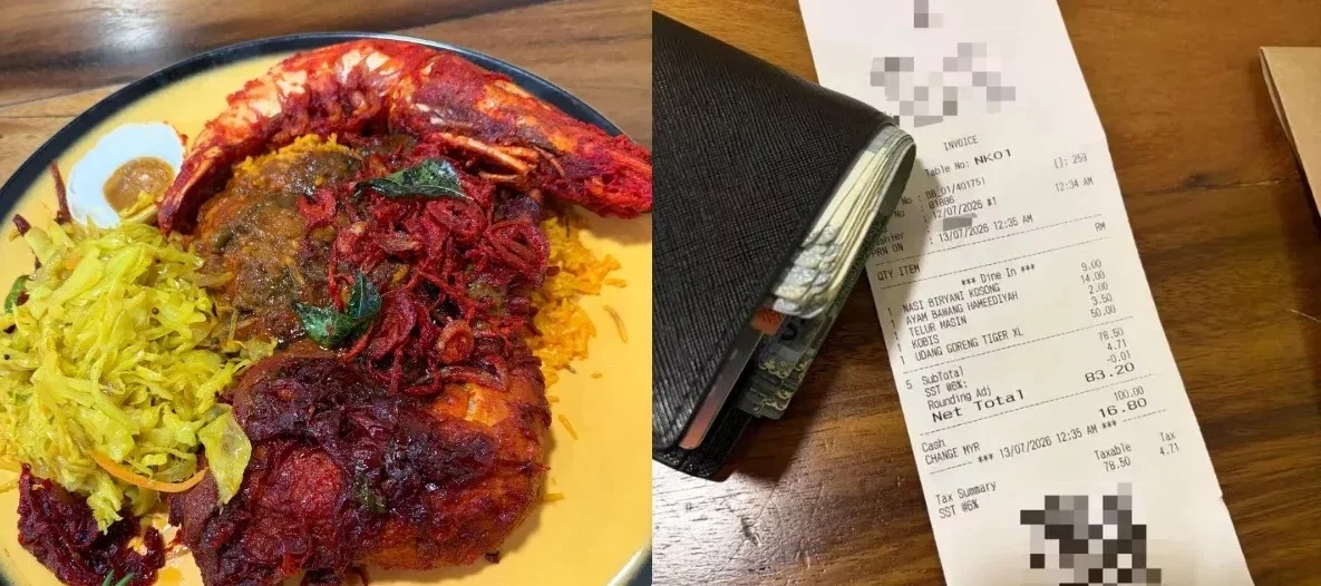 男子展示的收据显示，印度香料饭售价9令吉、洋葱鸡14令吉、咸蛋2令吉、包菜3令吉50仙，以及一只XL老虎炸虾50令吉，且加上6%销售与服务税后，该餐最终消费金额达83令吉20仙。（取自threads）
