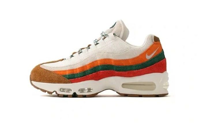 耐克计划于7月11日推出的Air Max 95运动鞋，被指控抄袭7-11标志性的橙、绿、红三色条纹设计。（取自网络）