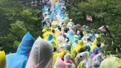 Photo of “白海豚”袭中国黄山索道停运　游客穿雨衣排长龙等下山