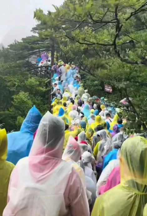 安徽黄山风景区上周六下午在风“白海豚”吹袭期间遭风雨侵袭，索道一度停运，导致数百名游客穿着雨衣大排长龙等候下山，甚至有人滞留到夜晚，景区翌日宣布暂停对外开放，周三起陆续恢复开放。（互联网照片）