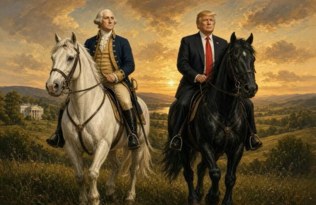 特朗普与华盛顿各骑一匹黑白良驹。（照片取自Truthsocial@realDonaldTrump）。