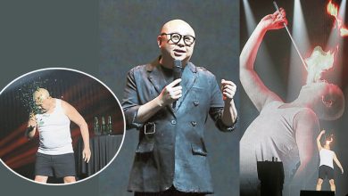 Photo of 林盛斌栋笃笑谈拼搏 表演玻璃瓶敲头吞火